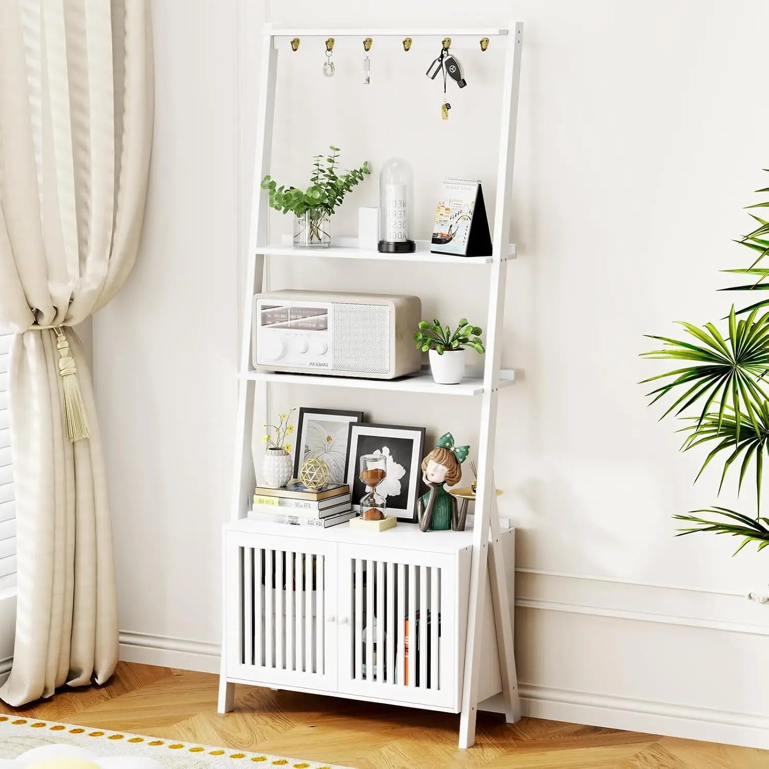 4-Tier Bamboo Bookcase with Drawers & Hooks Narrow Ladder Shelf 24.8x10.6x59.5in Storage Organizer Home Office, Customized