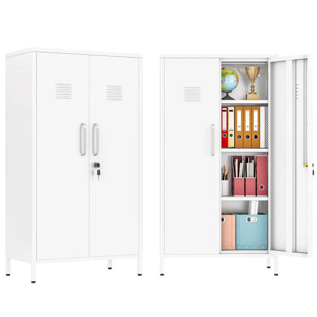 35" White Metal Locker, Lockable Employee Storage Cabinet with Adjustable Shelves for Home School Office Gym