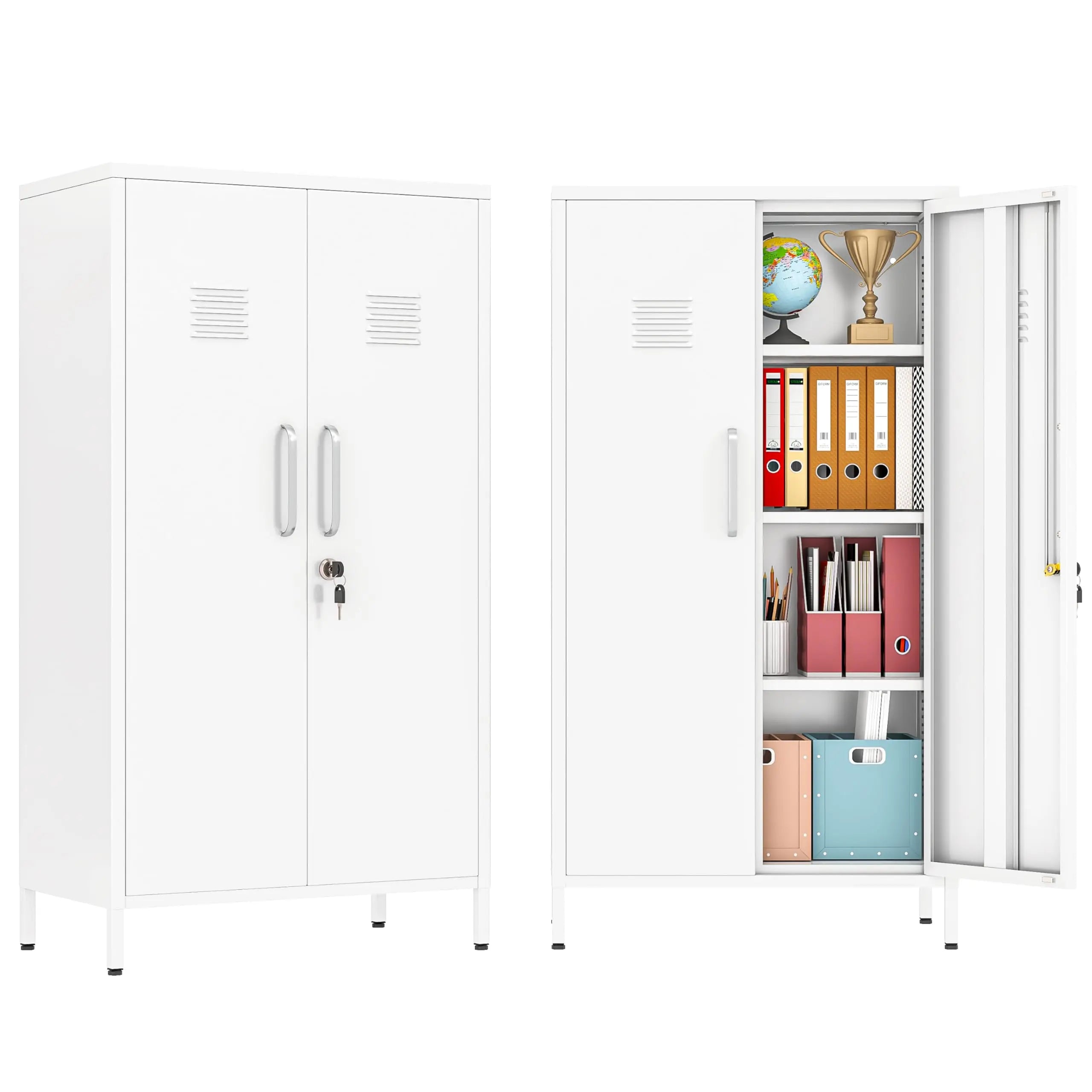 35" White Metal Locker, Lockable Employee Storage Cabinet with Adjustable Shelves for Home School Office Gym