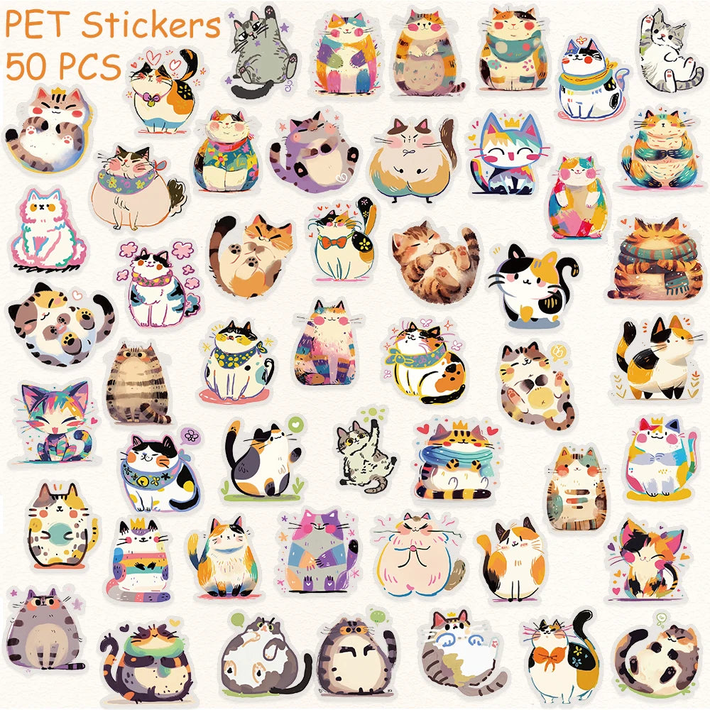 50pcs Cartoon Cute Cats PET Stickers Decals For Phone Laptop Notebook Skateboard Guitar DIY Aesthetic Transparent Stickers