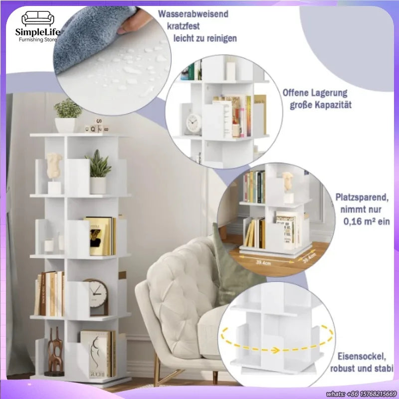 360 Degree Rotating Bookshelf 4 Tier Wooden Bookcase for Kids Office Home Decorative Shelf Storage Organizer