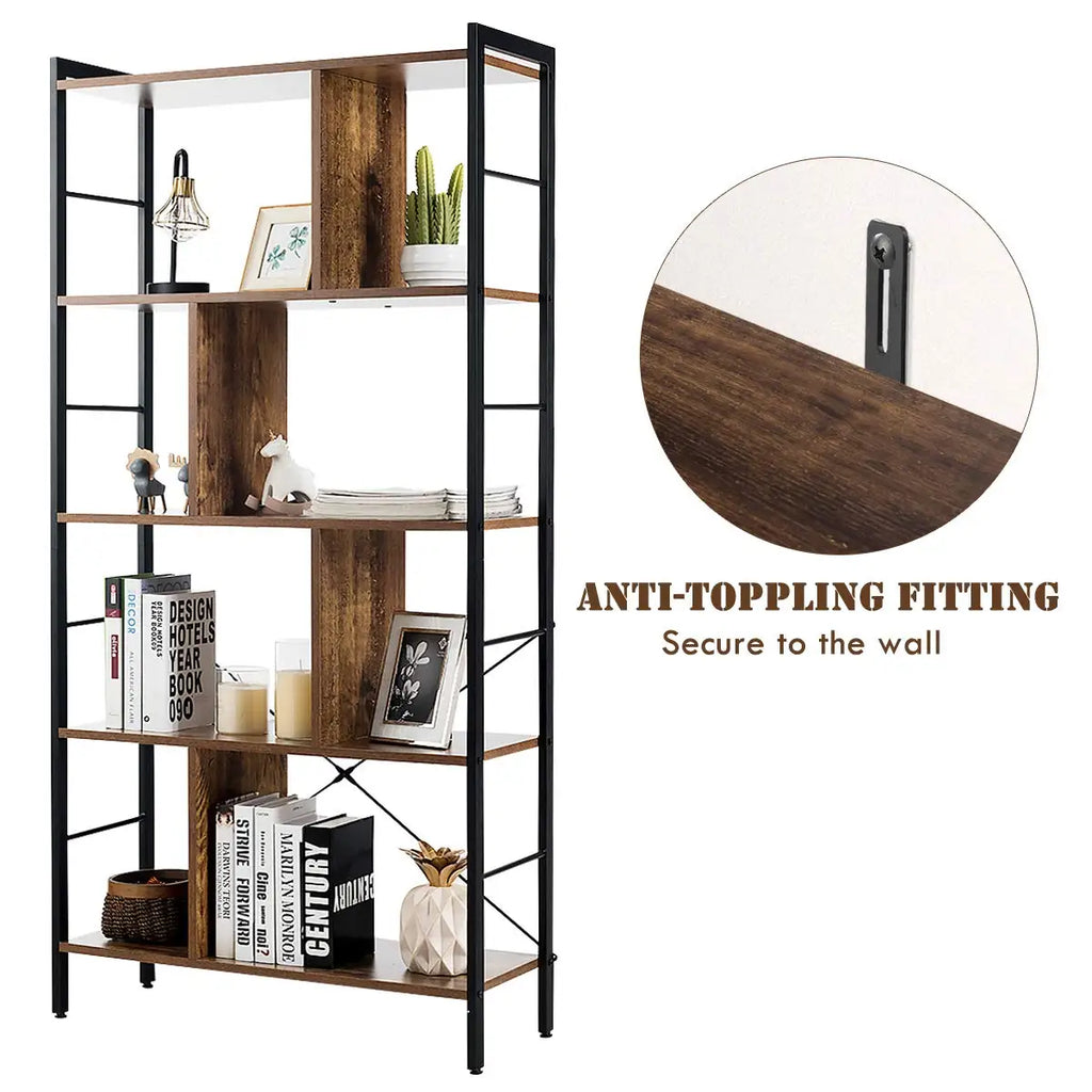 5 Tier Industrial Bookshelf Metal Frame Display Shelves Home Office Storage Rack Wood Unit, Customized