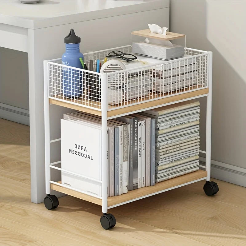 Rolling Bookshelf with Wheels, Metal Mesh Storage Organizer Rack for Home Office,No Assembly Required, Space Saving Utility Cart
