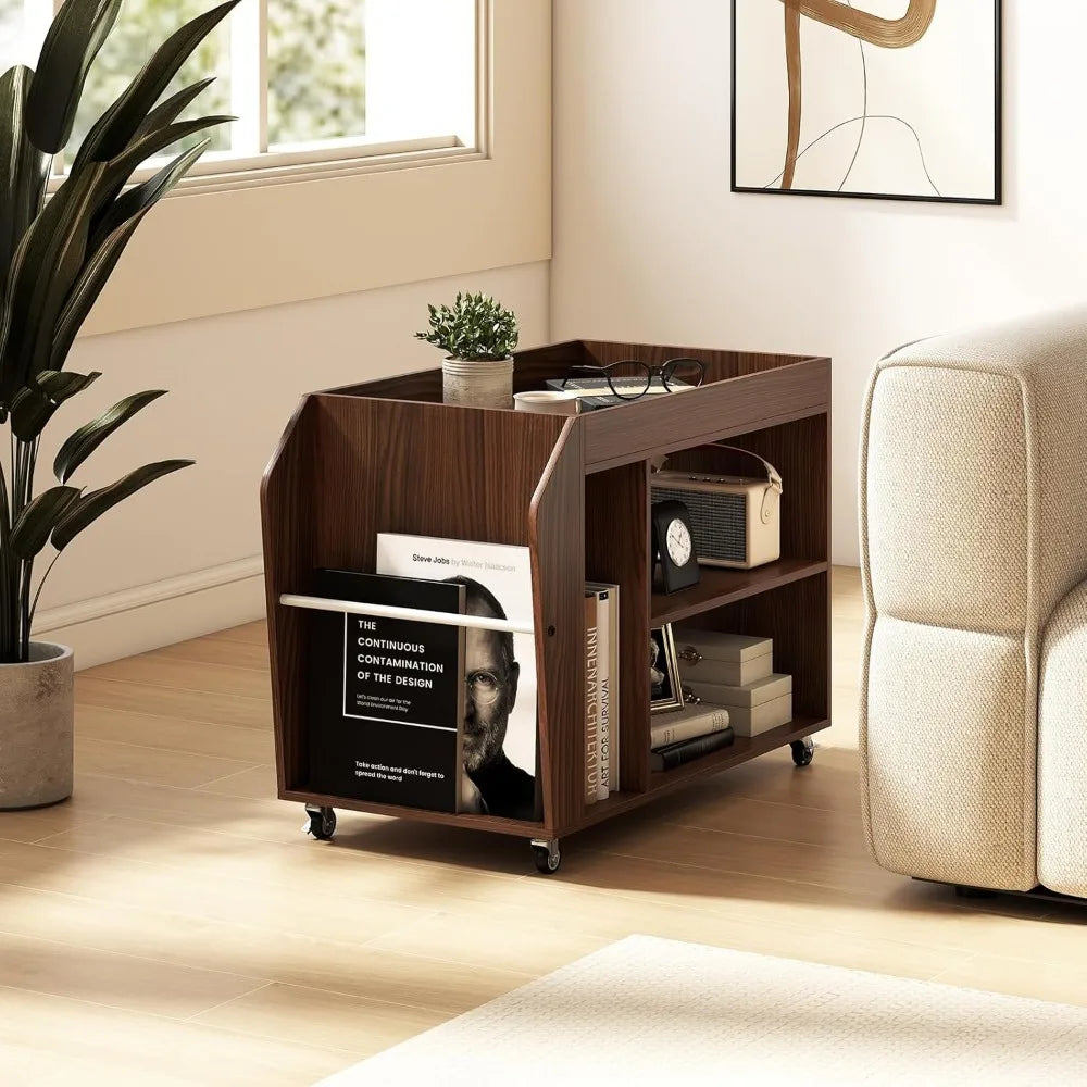 Rolling End Table with Storage, 3-Tier Side Table with Magazine Rack & Open Shelves, 4 Universal Wheels, Farmhouse Mobil