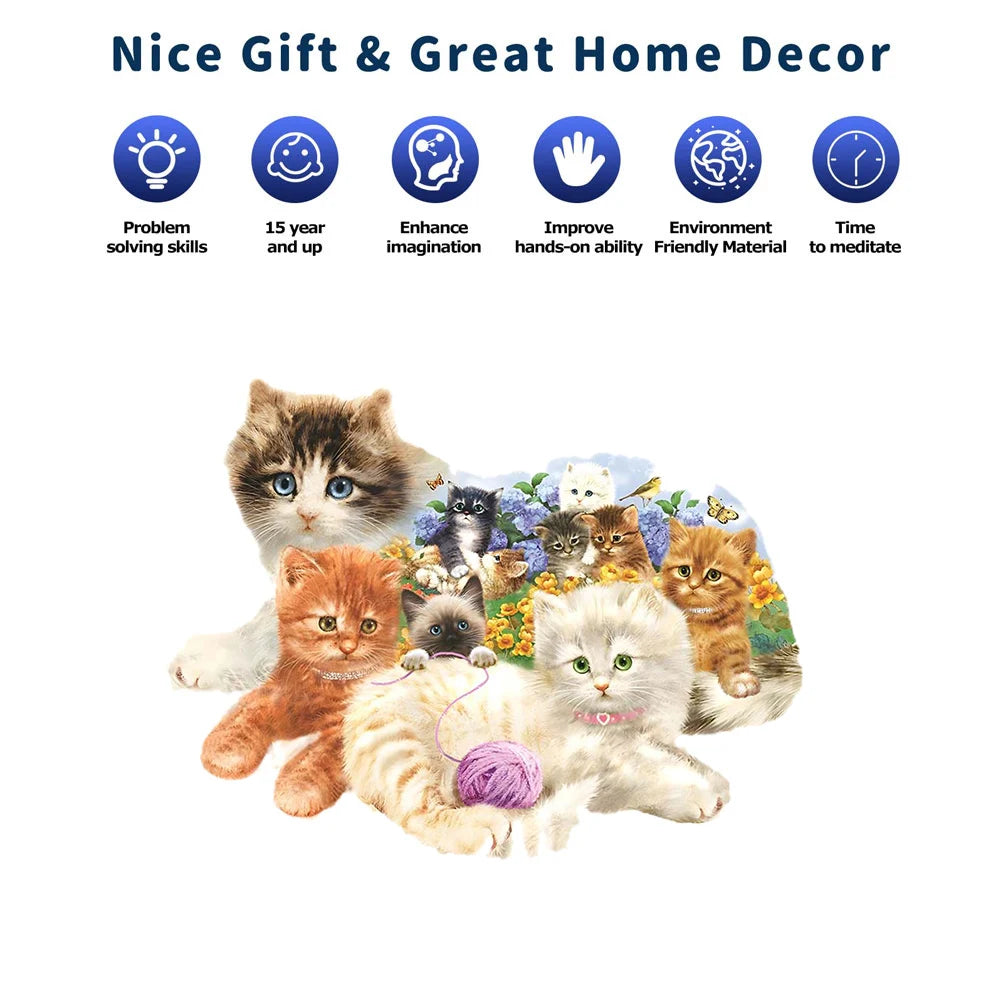 Cat Wooden Jigsaw Puzzles, Advanced Puzzle with Beautiful Gift Package, Unique Shaped Pieces, Best Gifts Family Game Home Decor