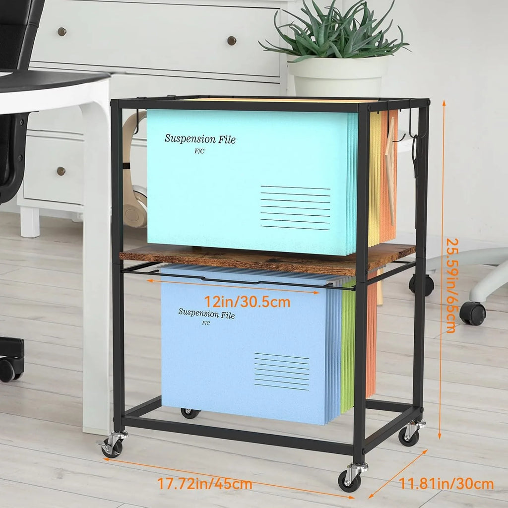 2-Tier Mobile File Cart with Wheels | Letter/Legal Size Pull-Out Rack Organizer for Home & Office | Brown