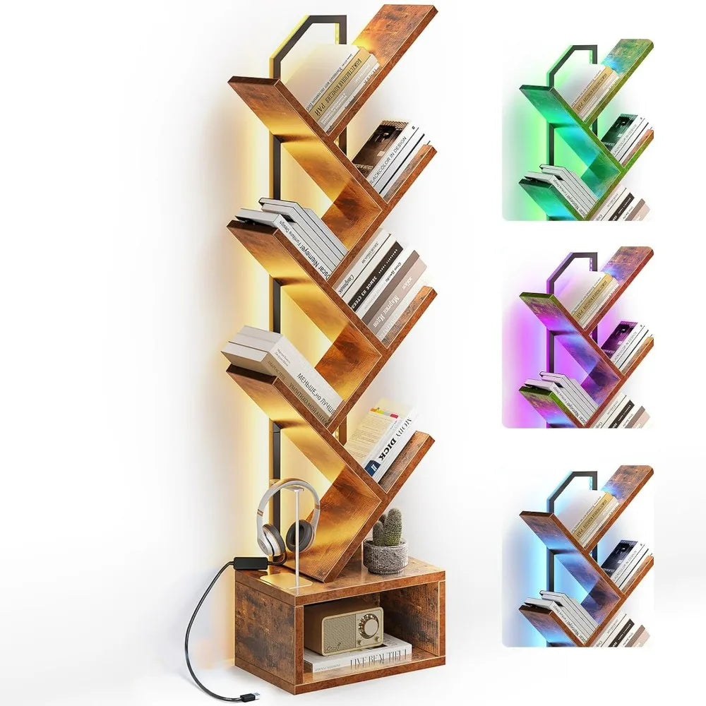 Casaottima 6-Tier Tree Bookshelf, Narrow Steel & Wood Bookcase with Cabinet, Vintage Home Office Organizer