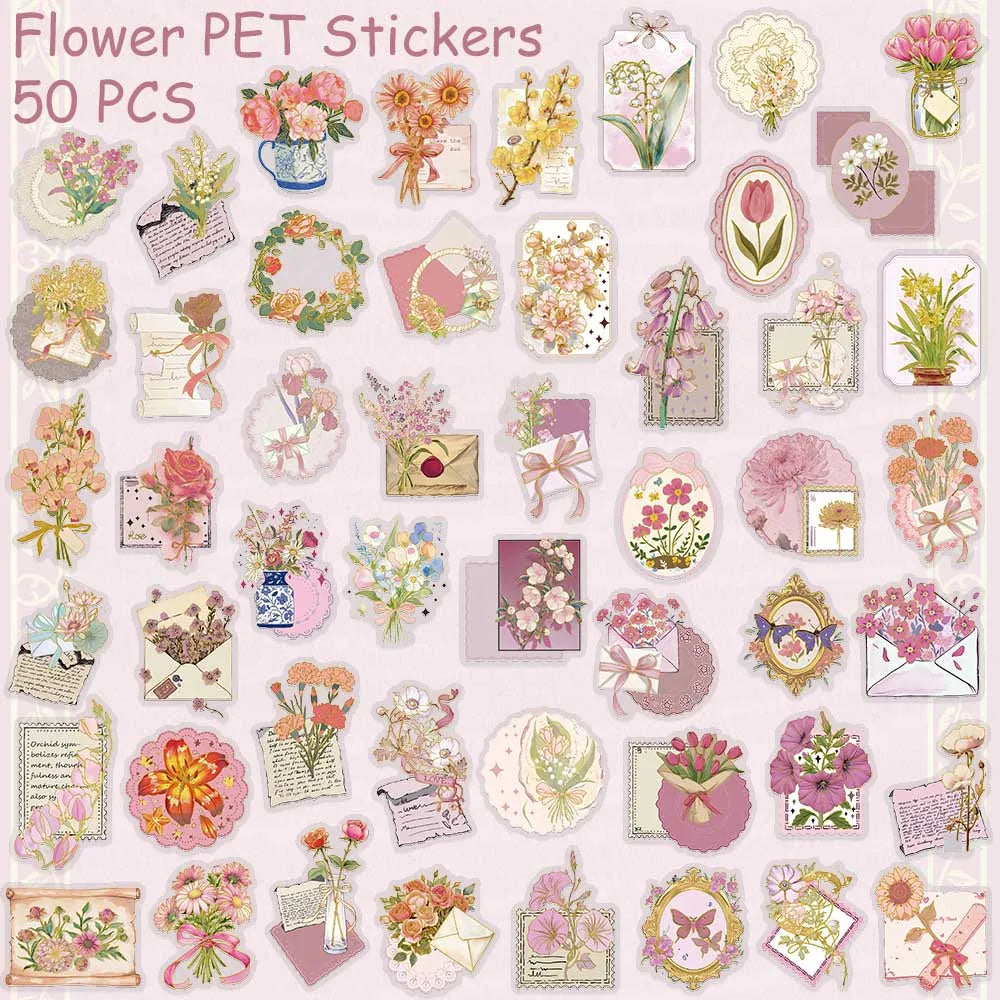 50pcs Gold Stamping Flower Transparent PET Stickers Decals For Phone Scrapbook Luggage Helmet DIY Cartoon Aesthetic Stickers