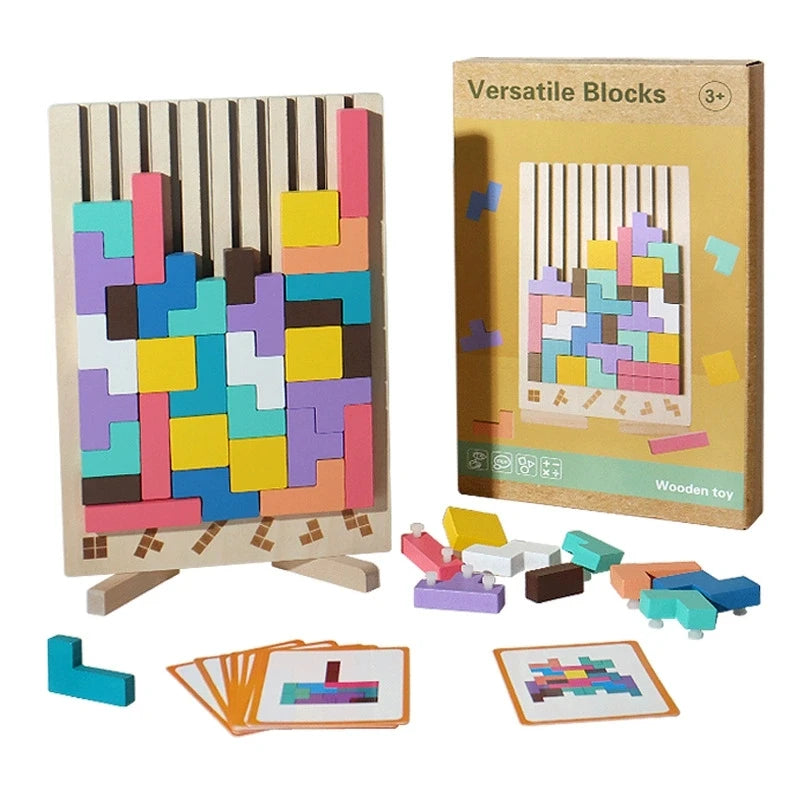 Wooden 3D Russian Blocks Puzzle Brain Teasers Toy Tangram Jigsaw Intelligence Colorful Blocks Montessori Educational