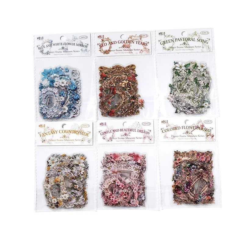20pcs PET Scrapbooking PET Materials Art  Journal Stickers for Decor Sticker Junk Stationery150*100MM Flowers Frame Collage