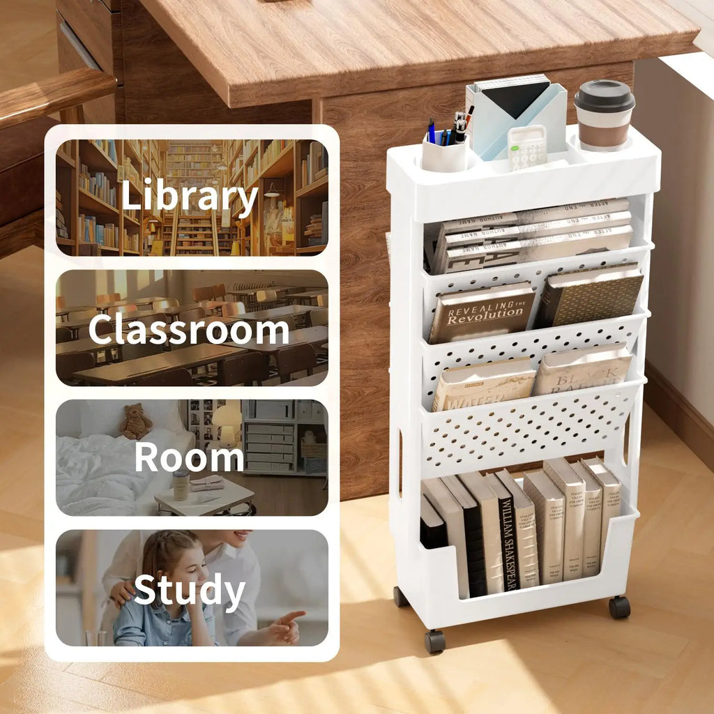 5-Tier Removable Magazine Newspaper Storage Rack, Book Storage Rack With Wheels Tableside Bookshelf For School Classroom Office