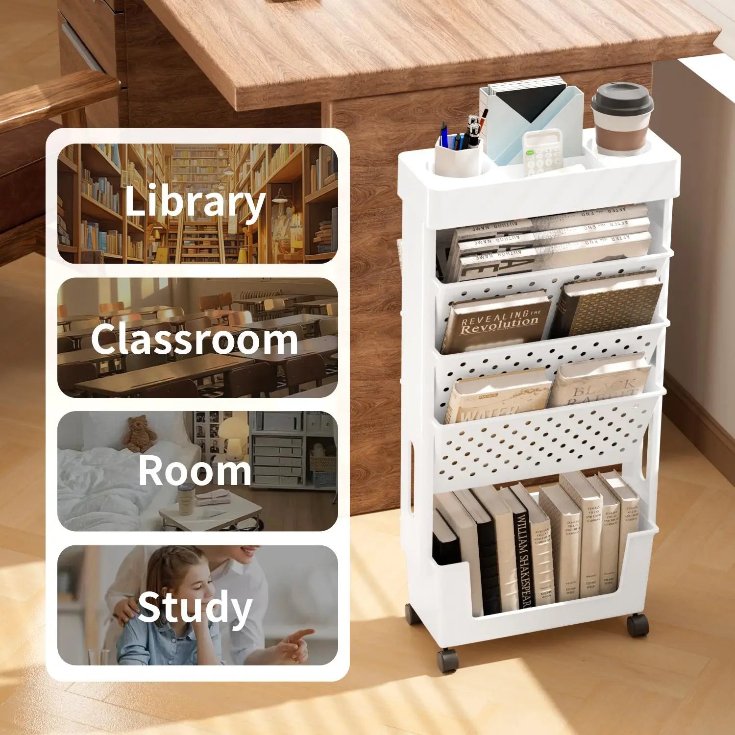 5-Tier Removable Magazine Newspaper Storage Rack, Book Storage Rack With Wheels Tableside Bookshelf For School Classroom Office