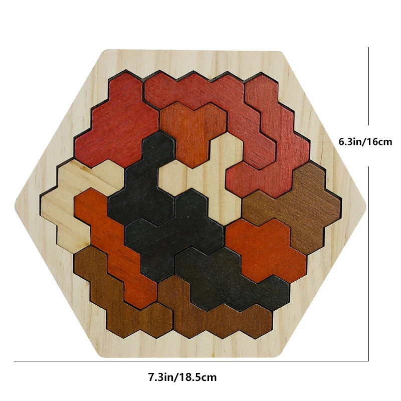 Wooden Hexagon Puzzle For Kid And Adults,Block Tangram Brain Teaser Toy Geometry Logic IQ Game Montessori Educational Gift