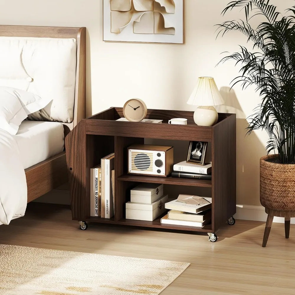 Rolling End Table with Storage, 3-Tier Side Table with Magazine Rack & Open Shelves, 4 Universal Wheels, Farmhouse Mobil