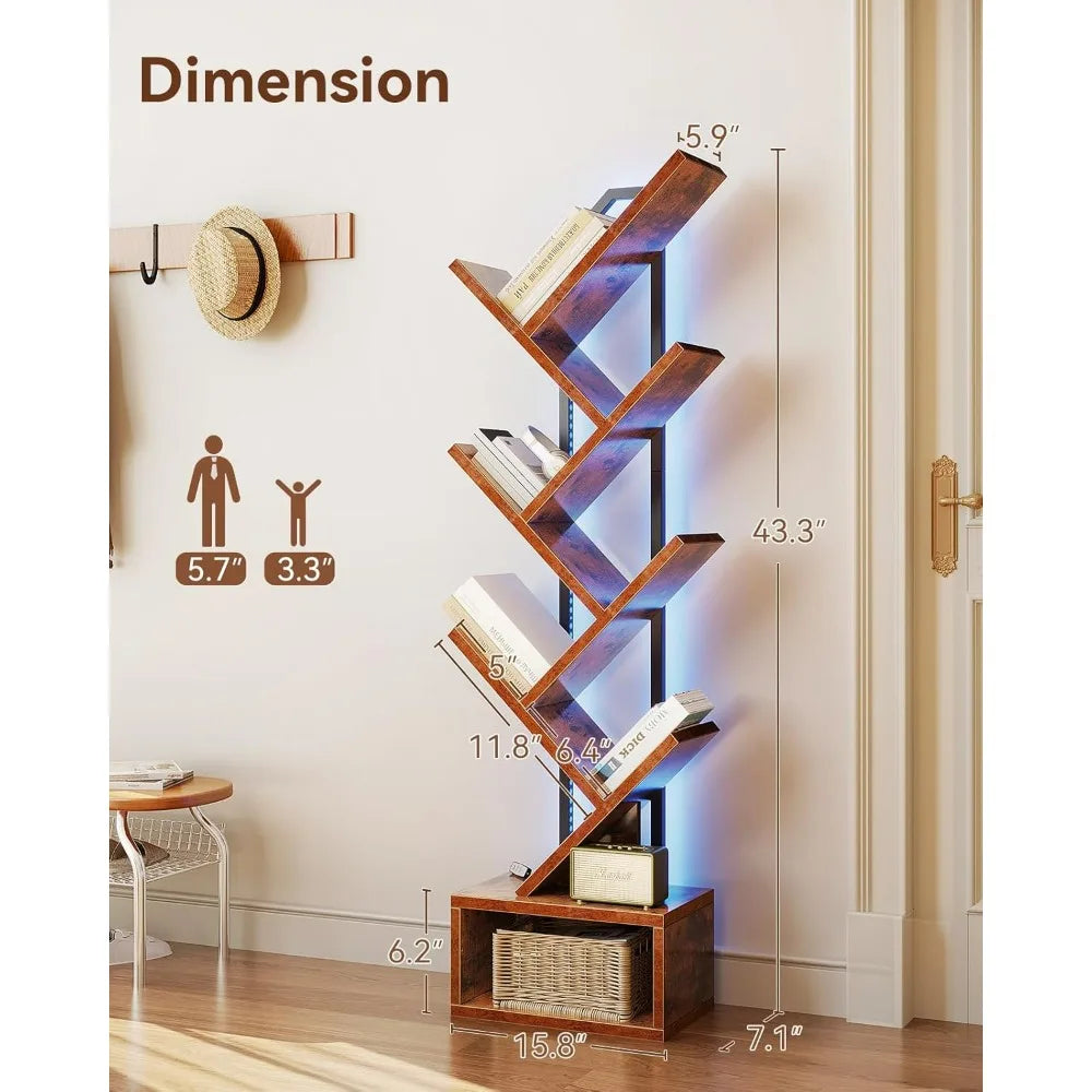 Casaottima 6-Tier Tree Bookshelf, Narrow Steel & Wood Bookcase with Cabinet, Vintage Home Office Organizer