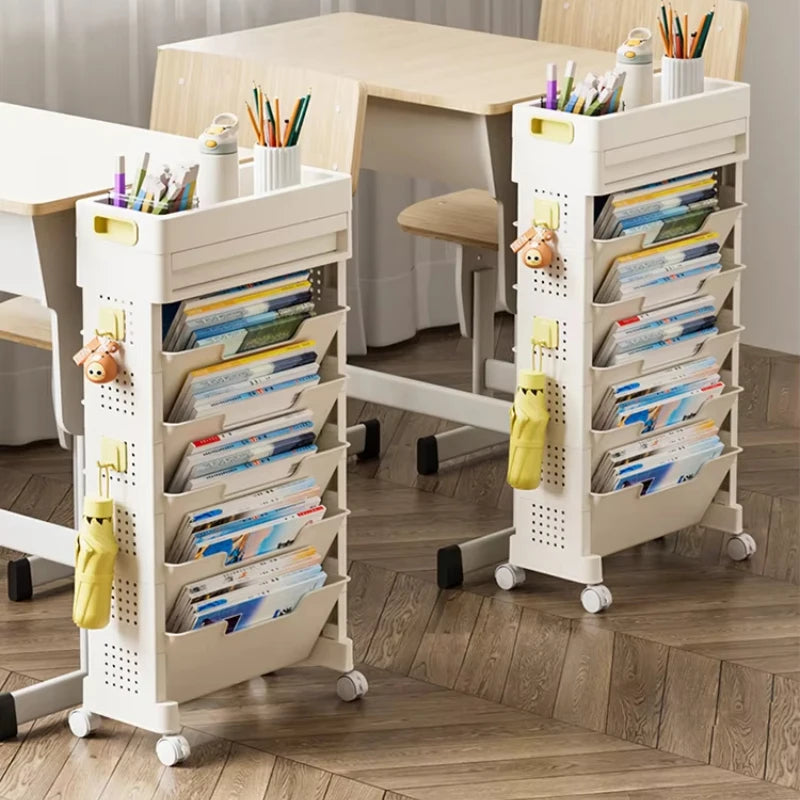 Mobile Bookshelf with Wheels Student Desk Organizer Office Book Storage Stand Layered Floor Standing Shelf for Home And Office