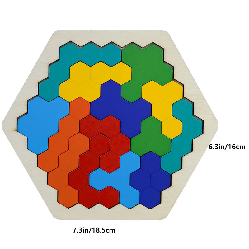 Wooden Hexagon Puzzle For Kid And Adults,Block Tangram Brain Teaser Toy Geometry Logic IQ Game Montessori Educational Gift