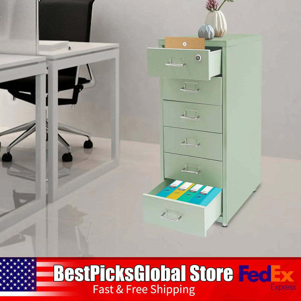 Metal File Cabinet, 6-Tier File Organizer with Lock&Wheels, Light Green, Office Storage Cabinet for Documents, Crafts