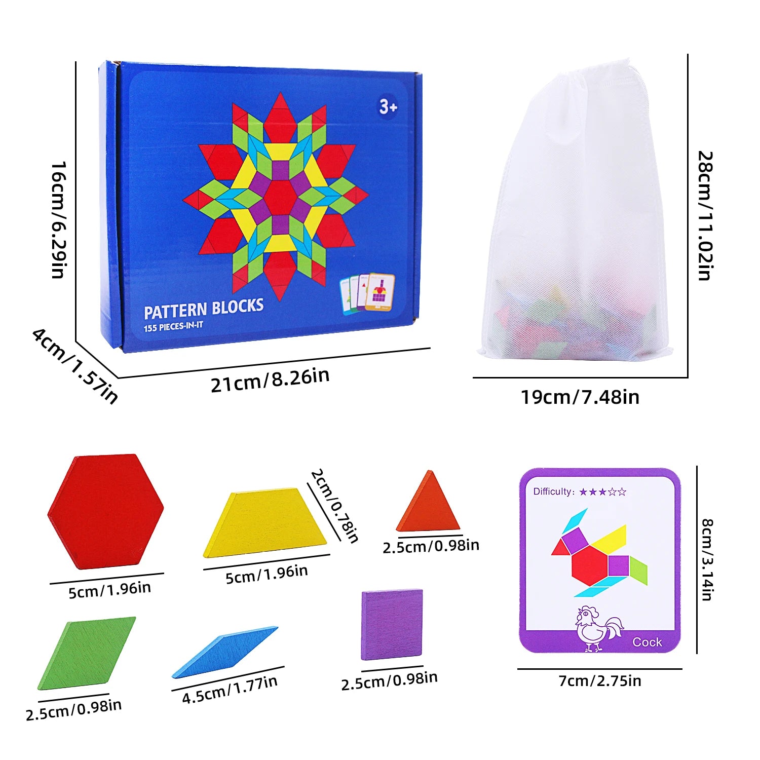 155 PCS Wooden Pattern Blocks Set, Geometric Shape Puzzle, Kindergarten Classic Educational Montessori Tangram Toys for Kids