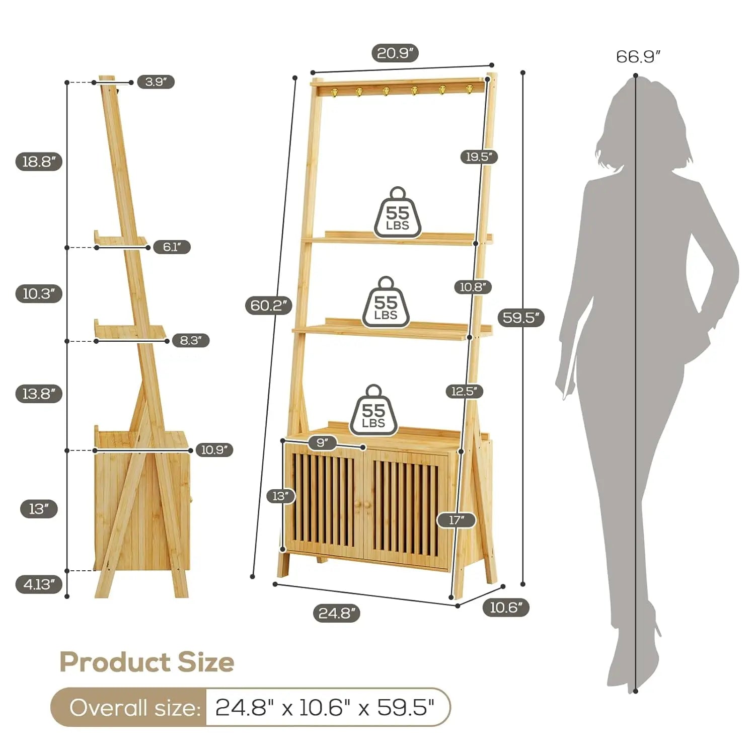 4-Tier Bamboo Bookcase with Drawers & Hooks Narrow Ladder Shelf 24.8x10.6x59.5in Storage Organizer Home Office, Customized