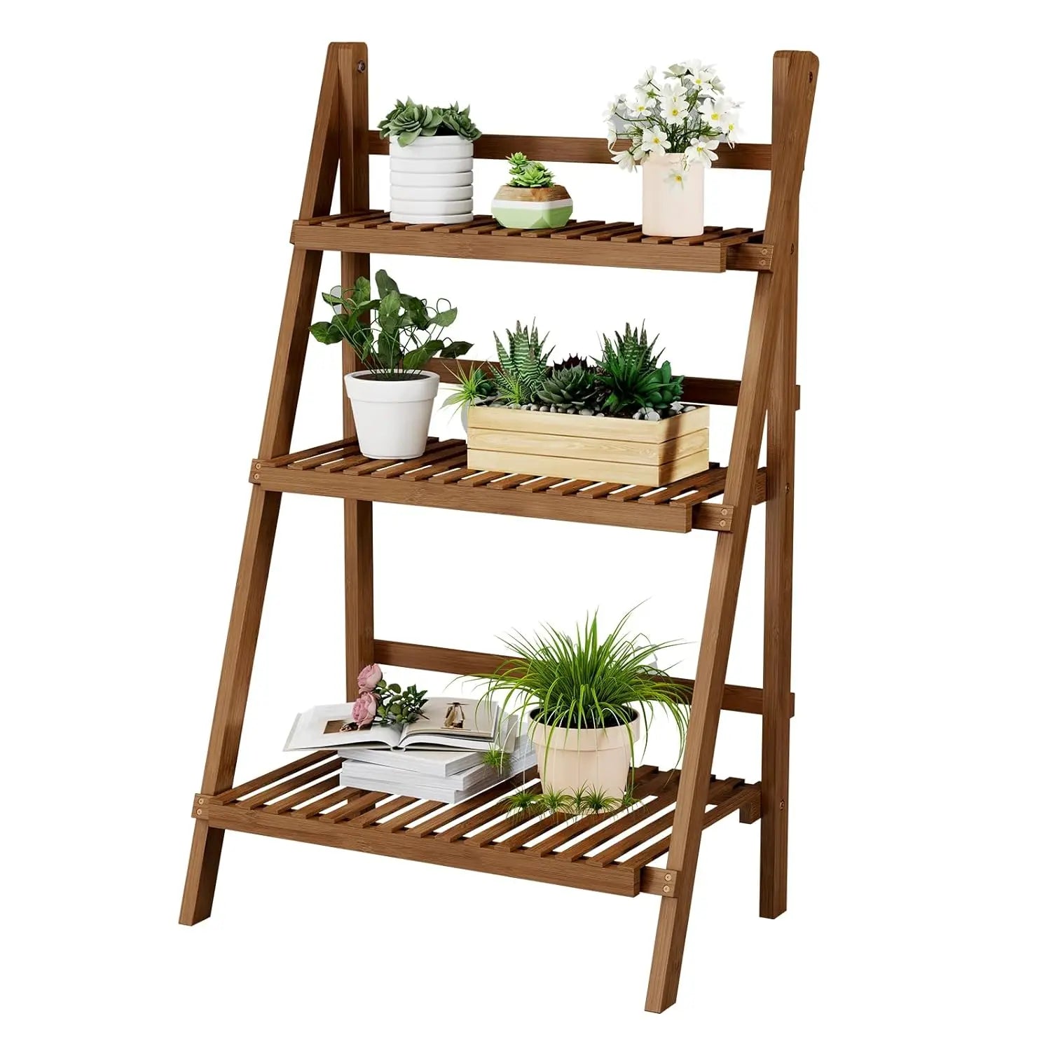 4-Tier Bamboo Bookcase with Drawers & Hooks Narrow Ladder Shelf 24.8x10.6x59.5in Storage Organizer Home Office, Customized