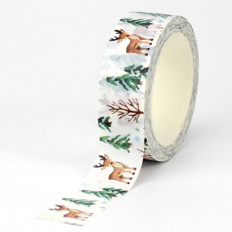 1PC. 10M Decorative Reindeer and Trees Christmas Washi Tape for Journal Material and Gift Wrapping Masking Tape Cute Stationery