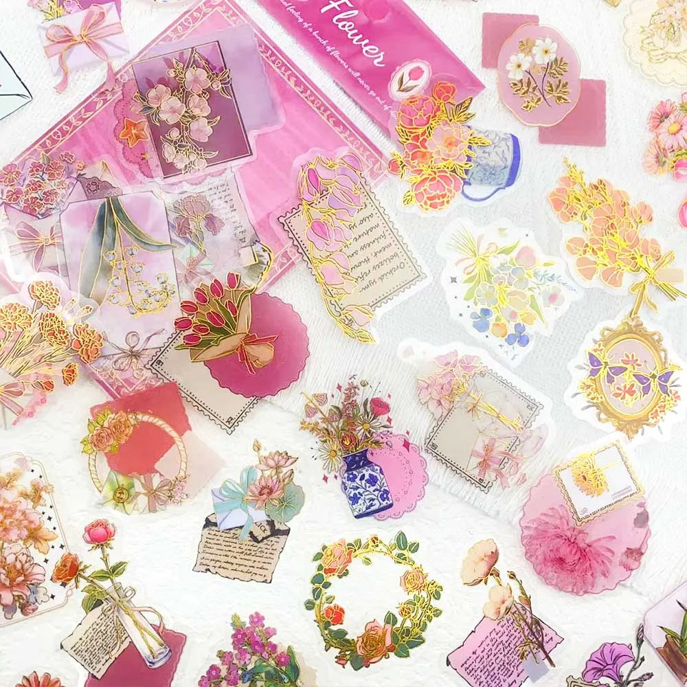 50pcs Gold Stamping Flower Transparent PET Stickers Decals For Phone Scrapbook Luggage Helmet DIY Cartoon Aesthetic Stickers