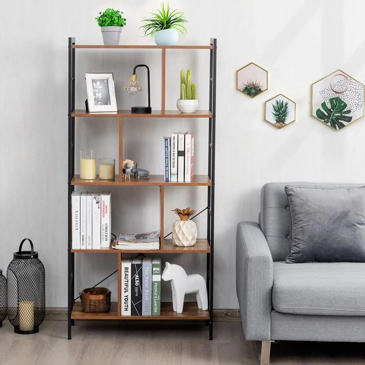 5 Tier Industrial Bookshelf Metal Frame Display Shelves Home Office Storage Rack Wood Unit, Customized