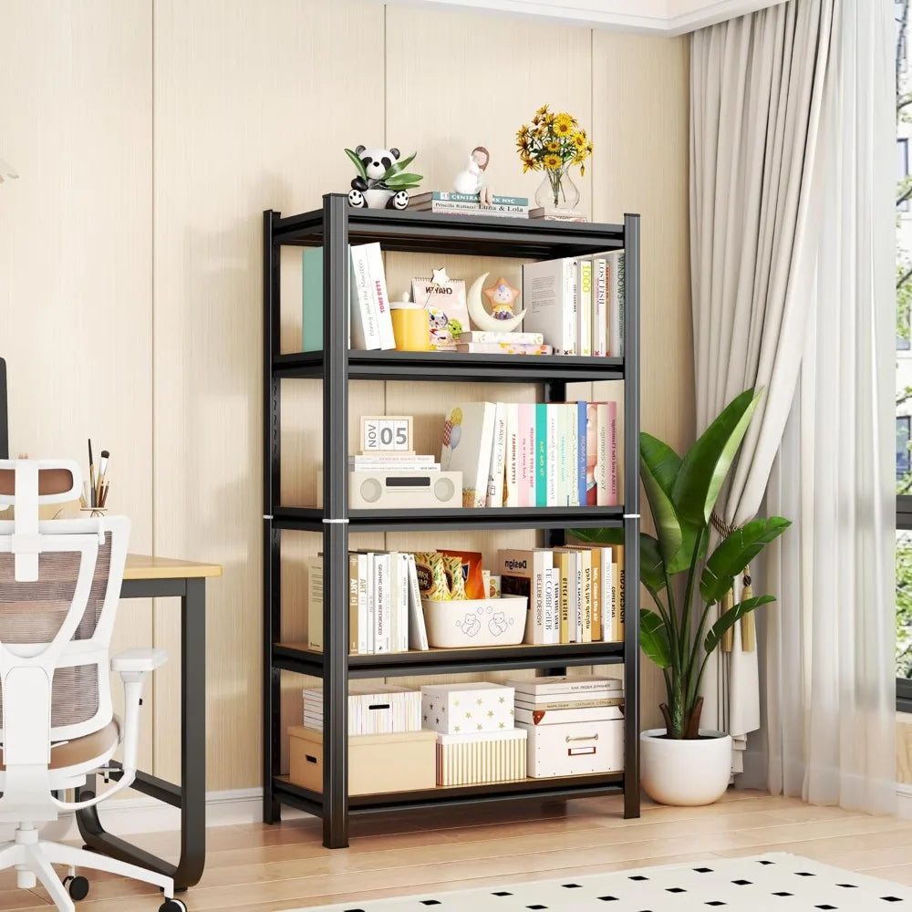 Five Shelf Metal Shelving Bookcase, 11.81 “D x 29.53 ”W x 57.48 H Office Study Storage Shelf Modern Minimalist Style File Rack A