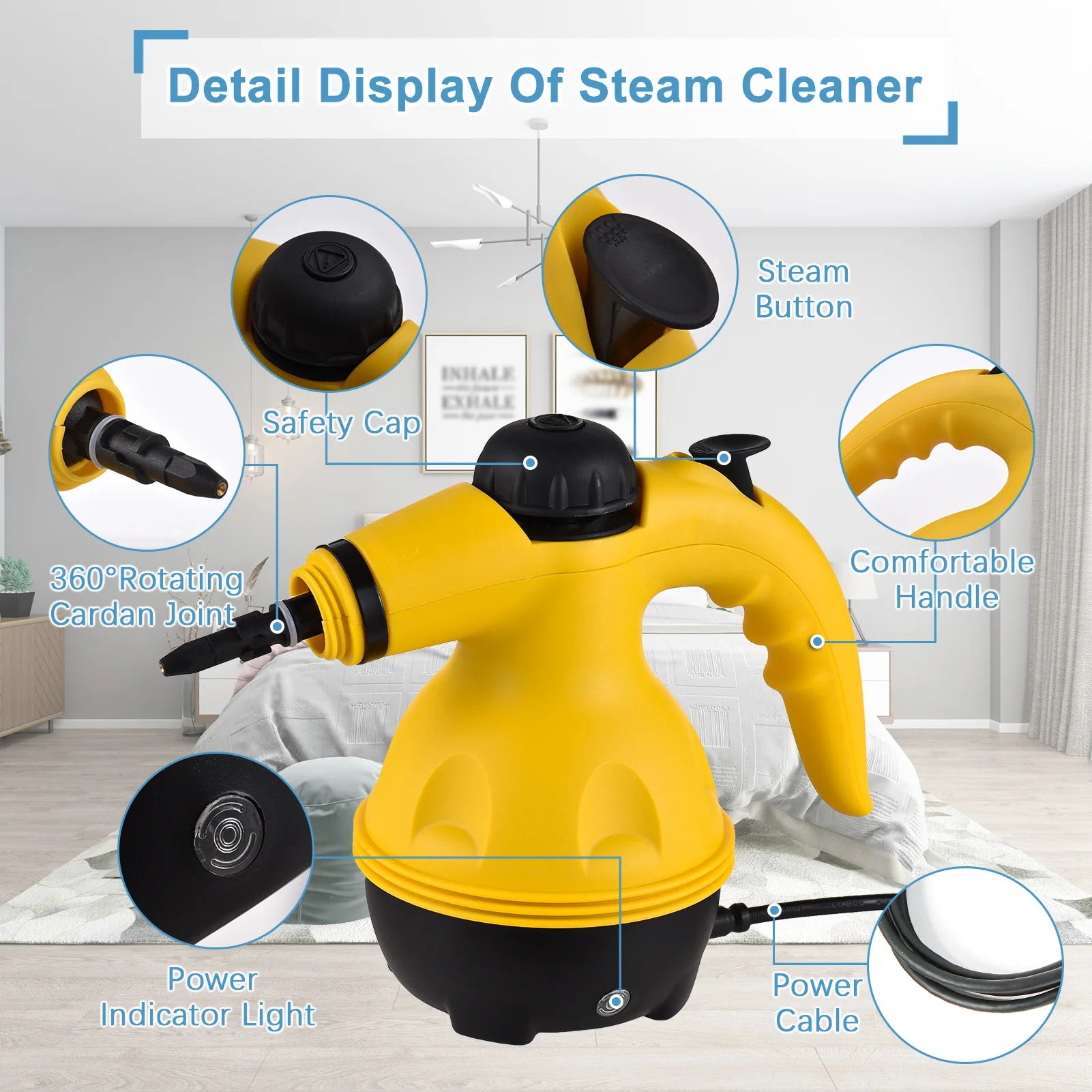 1050 W steam cleaner, ready to use after 1 to 2 minutes of preheating, suitable for the kitchen, bathroom, and sofa,