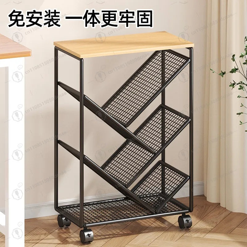 Bookshelf Floor-to-ceiling shelf Movable with wheels Simple storage bookcase next to student classroom desk