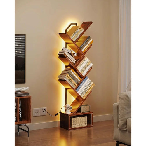6 Tier Tree Bookshelf Narrow Floor Standing Bookcase with Cabinet Storage Vintage Style