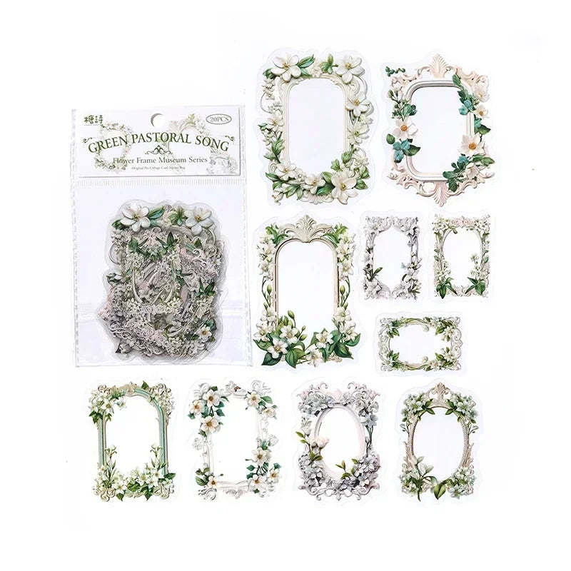20pcs PET Scrapbooking PET Materials Art  Journal Stickers for Decor Sticker Junk Stationery150*100MM Flowers Frame Collage