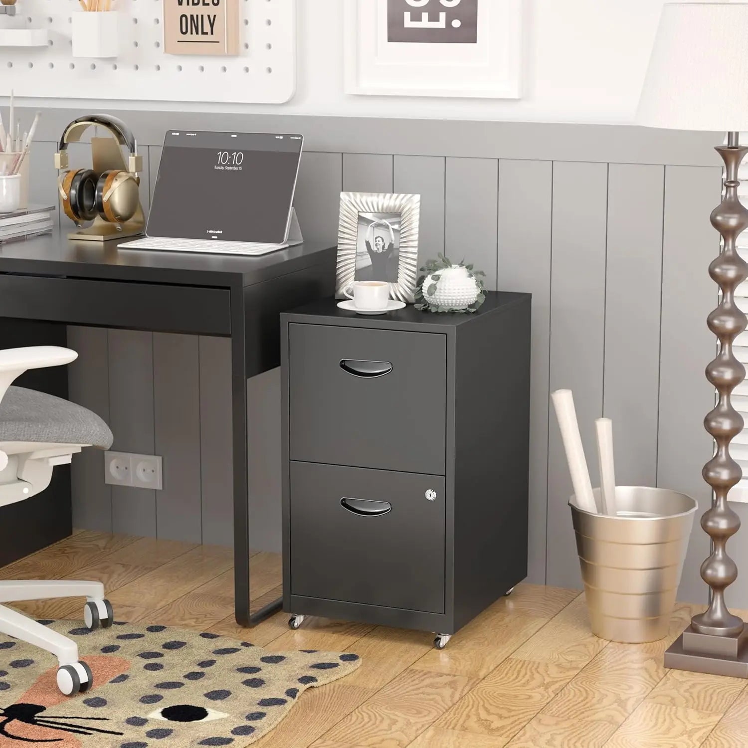 2 Drawer File Cabinet With Lock，Black Rolling File Cabinet For Home Office, Metal Small Mobile Filing Cabinets On, Customize