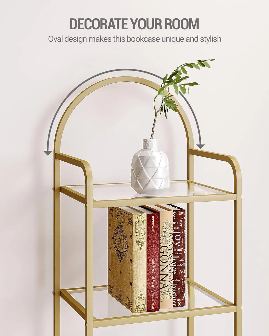 Tempered Glass Bookshelves, Slim Shelving Unit For Bedroom, Bathroom, Home Office, Steel Frame, 5 Tier Gold