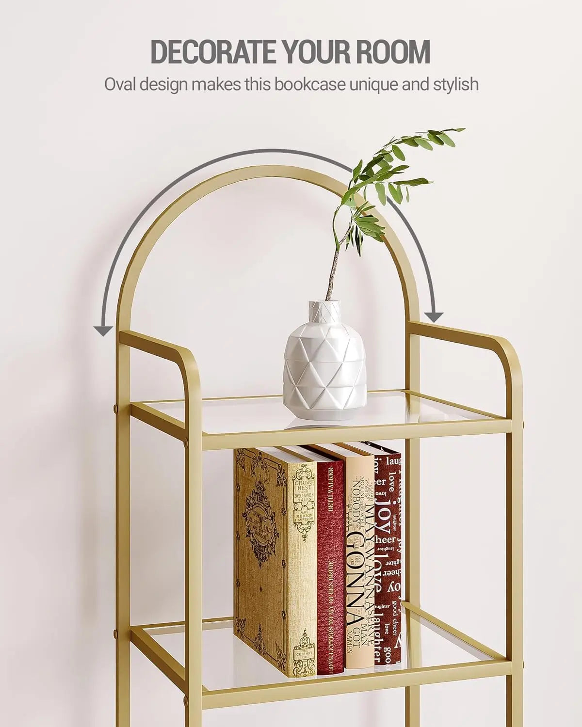 Tempered Glass Bookshelves, Slim Shelving Unit For Bedroom, Bathroom, Home Office, Steel Frame, 5 Tier Gold