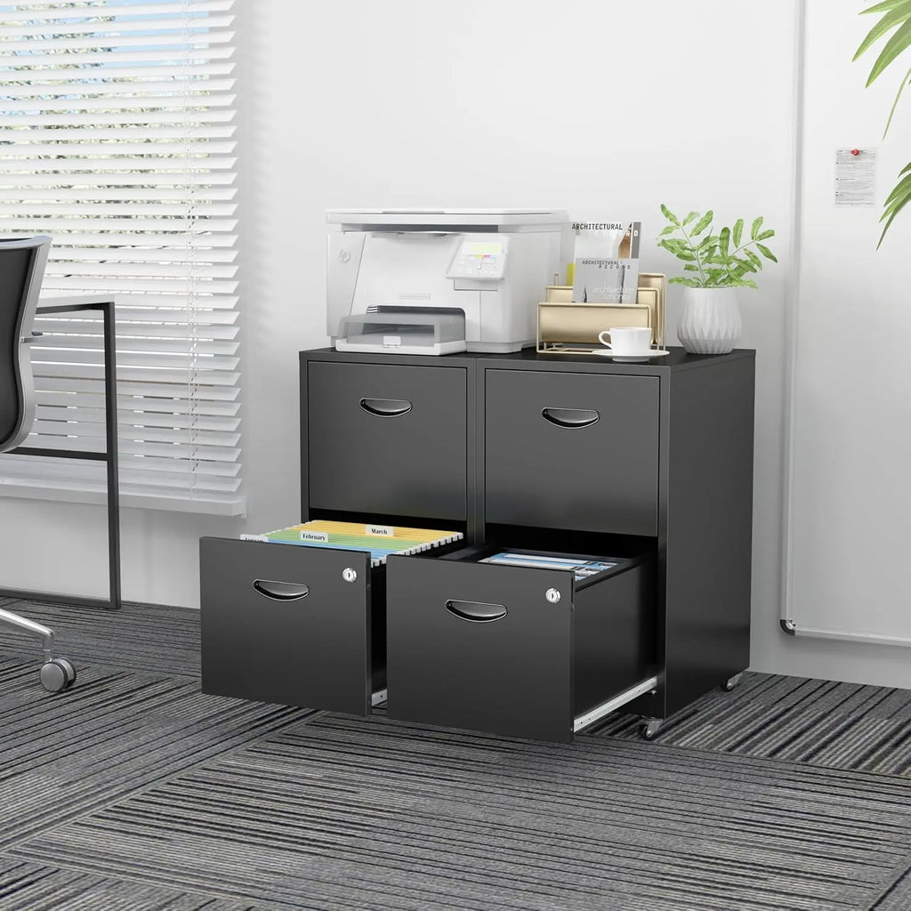 2 Drawer File Cabinet With Lock，Black Rolling File Cabinet For Home Office, Metal Small Mobile Filing Cabinets On, Customize