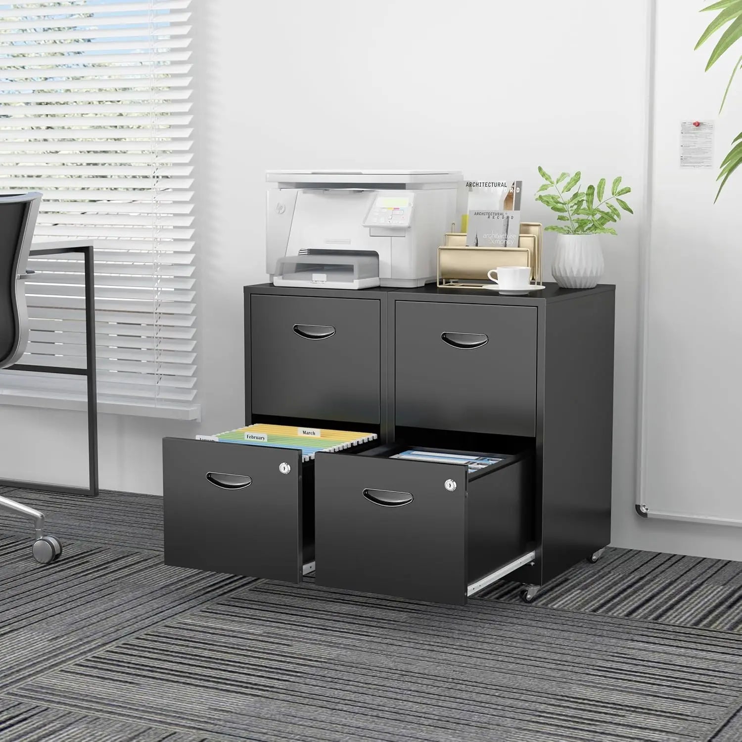 2 Drawer File Cabinet With Lock，Black Rolling File Cabinet For Home Office, Metal Small Mobile Filing Cabinets On, Customize