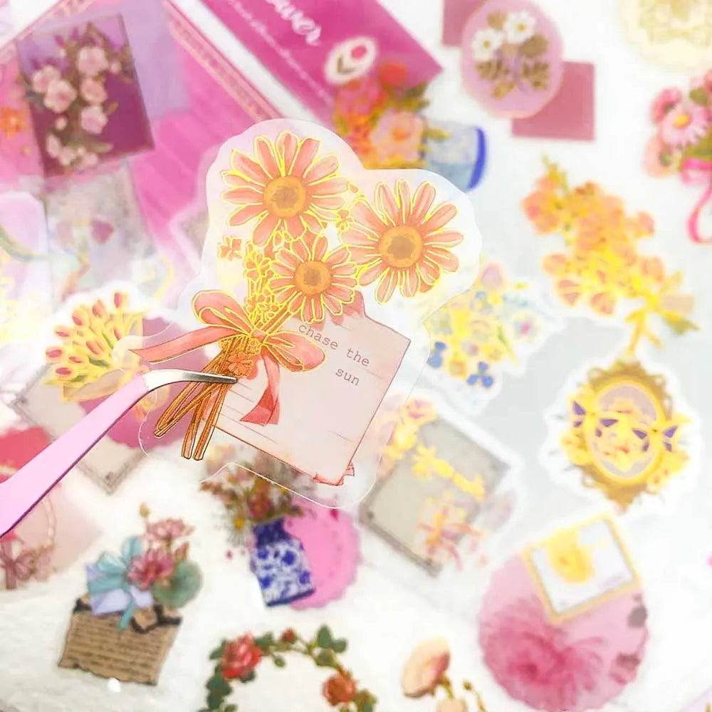 50pcs Gold Stamping Flower Transparent PET Stickers Decals For Phone Scrapbook Luggage Helmet DIY Cartoon Aesthetic Stickers