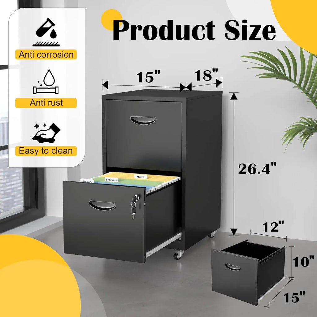 2 Drawer File Cabinet With Lock，Black Rolling File Cabinet For Home Office, Metal Small Mobile Filing Cabinets On, Customize